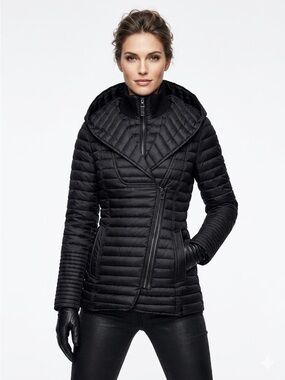 RUDSAK Sana Mid-Length Down Puffer Jacket Asymmetric Zipper with Leather Trim XL